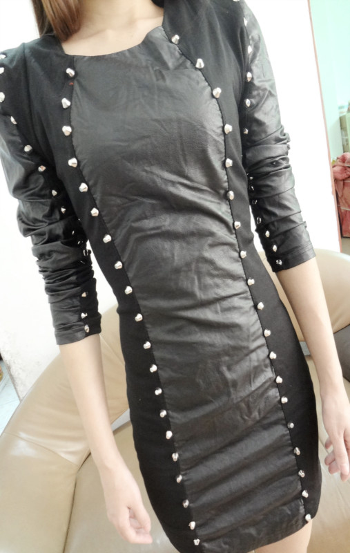 Fashion autumn women's patchwork leather slim hip slim one-piece dress