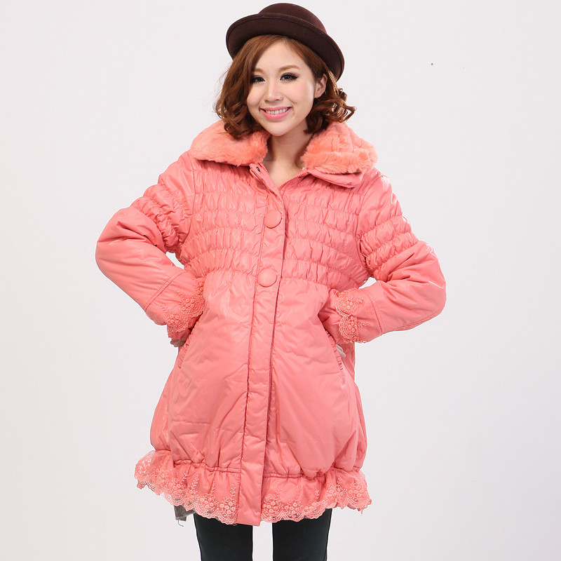 Fashion baby maternity winter solid color long design thermal wadded jacket lace decoration outerwear 6121