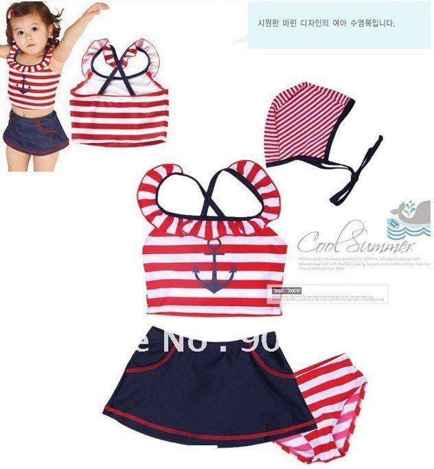 Fashion baby swimwear \ girl's bathing suit \ lovely kid's red stripe sailor swimming suit