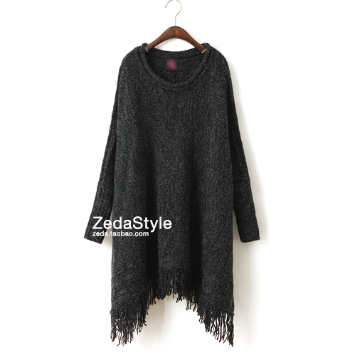 Fashion batwing sleeve medium-long tassel sweater plus size outerwear loose pullover wool sweater cloak cape female