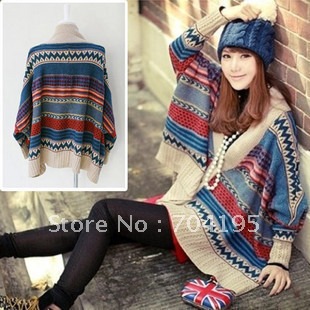 Fashion batwing T- shirt  multicolour  Knitted sweater stripe cardigan  sweater outerwear