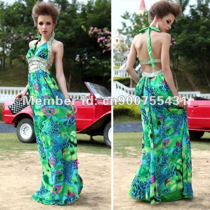 Fashion Beach Dress Spring Floral Design Flowers Halter Sequined Bra Hallow Out Chiffon Party Dresses EMS Free Shipping F2089A