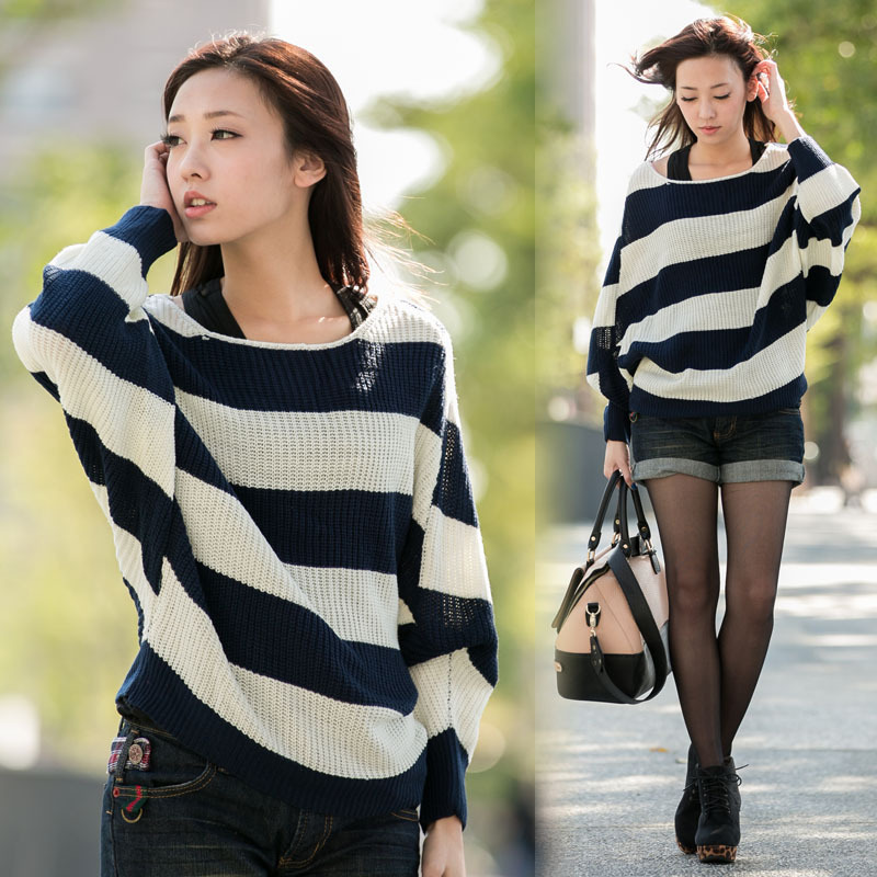 Fashion black-and-white 557 lala72 bold stripe loose big mohair sweater