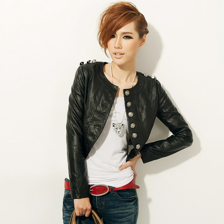 Fashion black o-neck short design slim short design water washed leather clothing buckle PU leather coat