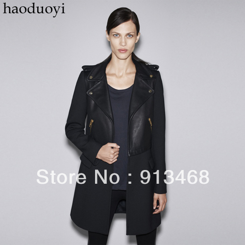 Fashion black woolen leather patchwork overcoat lookbook zipper trench thickening female outerwear