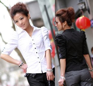 Fashion blouse butterfly knot Puff Sleeve shirt ladies' half sleeve 100% Cotton shirt  size XS--XXL