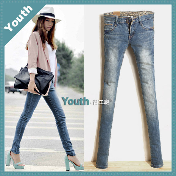 Fashion blue retro finishing beauty head portrait jeans female low-waist pencil pants trousers