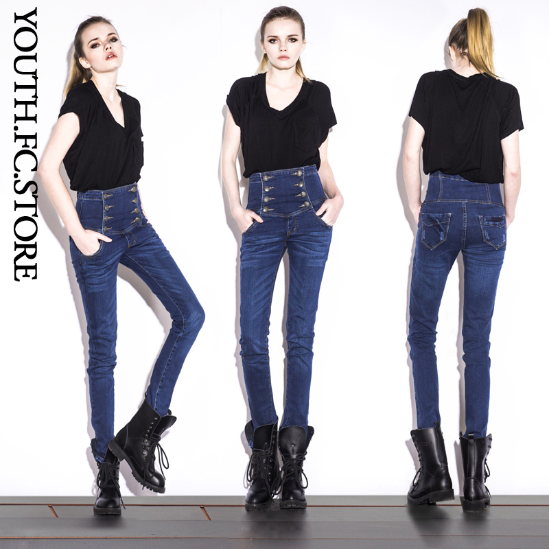 Fashion blue water wash wearing white high waist jeans female slim small straight pants trousers