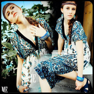 Fashion bohemia backwa-rds and double V-neck elastic waist elastic wire one-piece dress beach dress