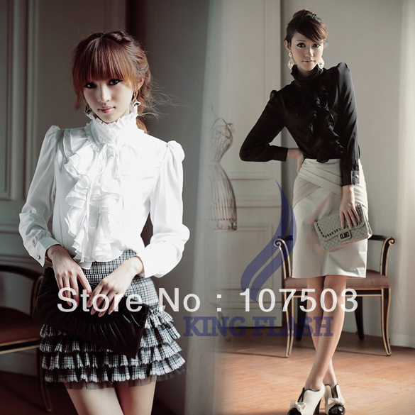 Fashion BOHO Women's Luxury Flouncing long sleeve shirt Stand Collar Tops Ruffle T-shirt Blouse Free shipping 7100