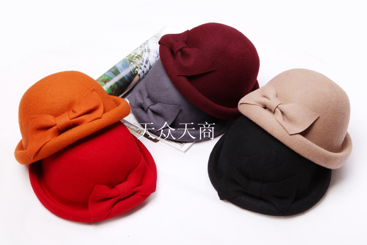 Fashion bow pure wool cap woolen small round dome small fedoras women's bucket hats autumn and winter hat