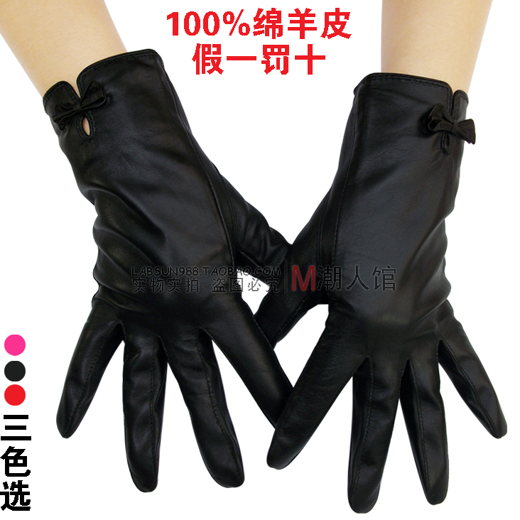 Fashion bow sheepskin gloves genuine leather women's cold-proof thermal thin cotton gloves 2013