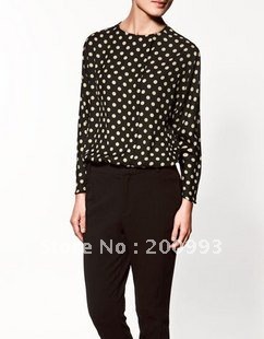 Fashion Brand Women's Ladies Casual Round-neck Long Sleeve Dot Pattern Black Blouse Shirt New with tag Free Shipping SX8234