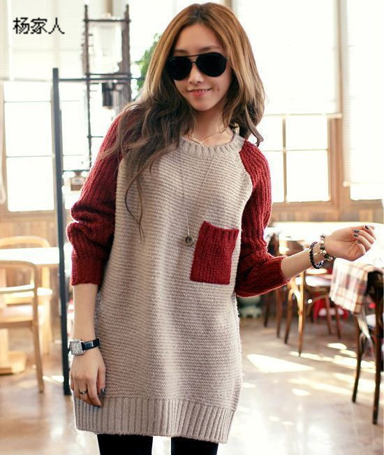 Fashion brief color block pocket color block decoration loose casual medium-long casual sweet knitted sweater outerwear