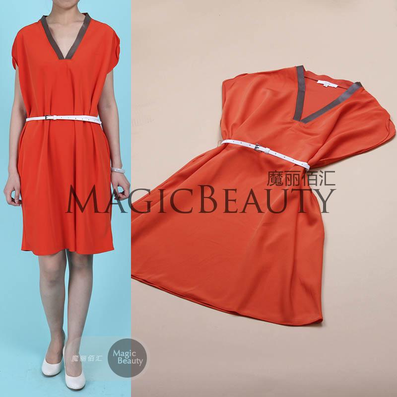Fashion brief orange genuine leather patchwork V-neck sleeveless slim short design one-piece dress with belt