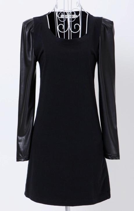 Fashion brief sleeve leather fabric cotton slim hip o-neck a3349 one-piece dress