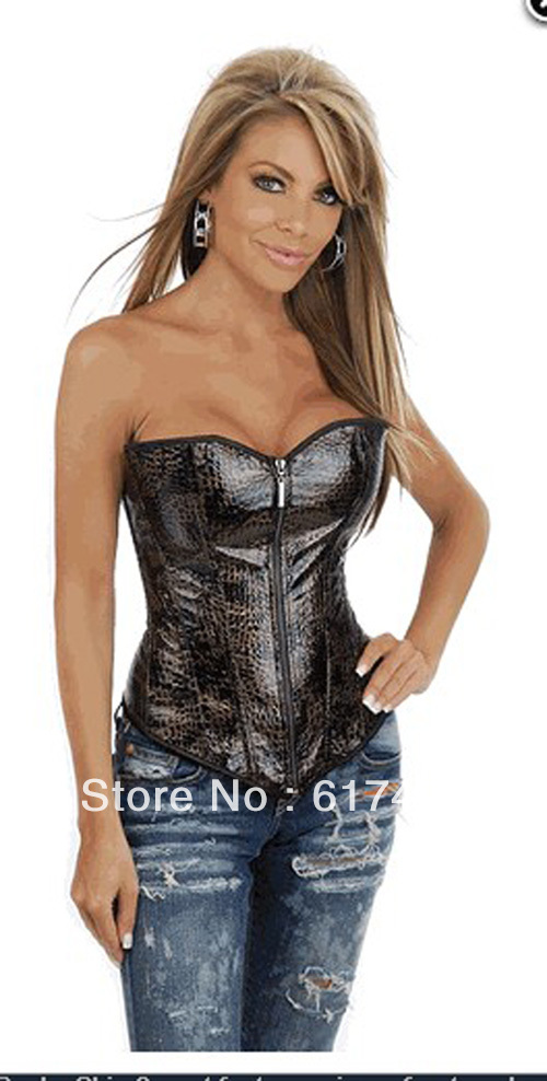 Fashion brown Women intimates sexy lingerie leather corset size S-2XL 9287 front zip wholesale
