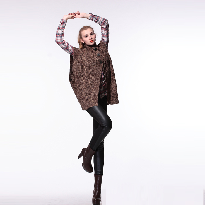 Fashion brown women's fashion stand collar sweater outerwear cape top s 0435