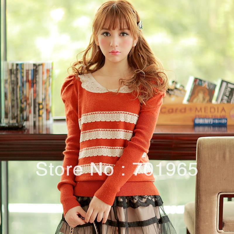 Fashion Bubble Sleeve Doll Collar Streak Bottoming Sweater Tops MF8819