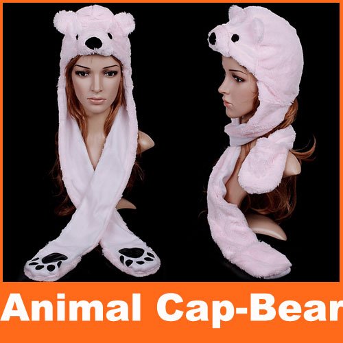 Fashion Cartoon Hat Animal Bear Cap Plush Soft Warm Hat Caps Earmuff Scarf Gloves Free Shipping wholesale