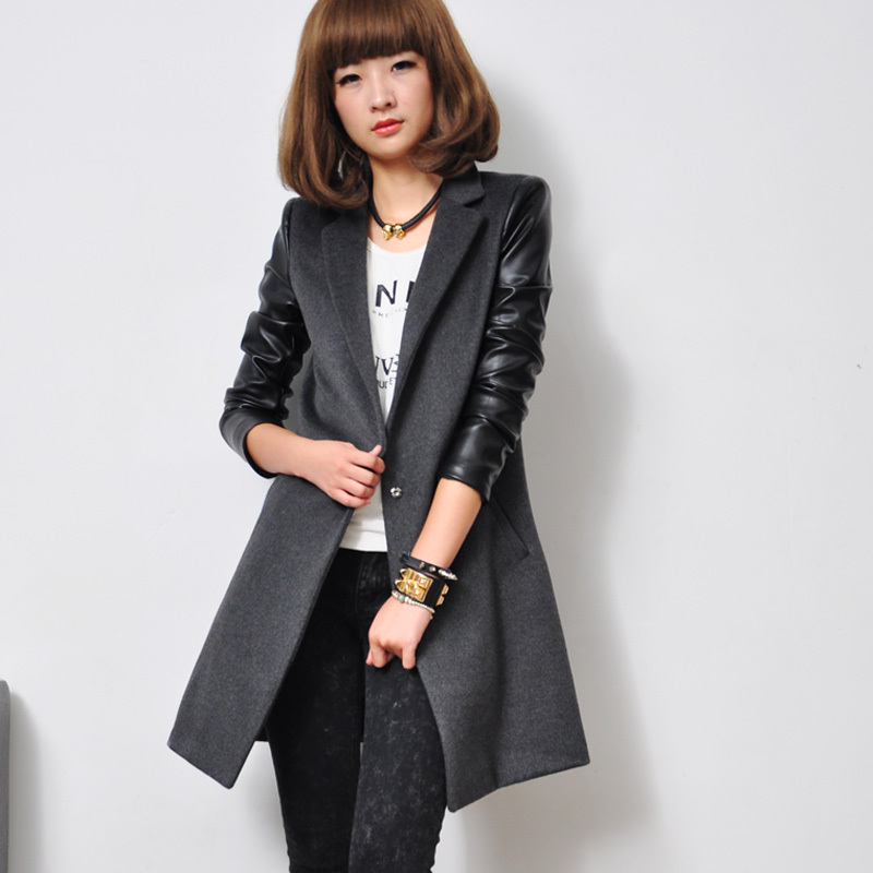 Fashion casual color block leather patchwork woolen outerwear long design slim woolen overcoat female