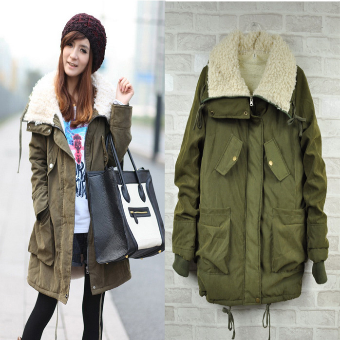 Fashion casual loose  army green color  berber fleece big wadded jacket military thickening thermal outerwear / free shipping