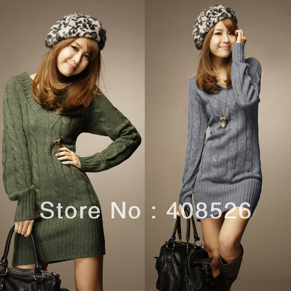 Fashion Casual Women's Knitted woolen V Neck Sweater Jumper Long Sleeve Mini Dress Pullover Tops