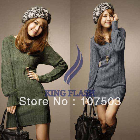 Fashion Casual Women's Knitted woolen V Neck Sweater Jumper Long Sleeve Mini Dress Pullover Tops Free shipping 9201