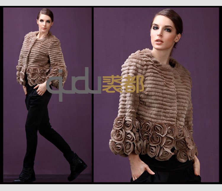 Fashion Charm Genuine Sheared Rabbit Fur Jacket With Flowers Trim/Free Shipping/Retail/Wholesale QD5700  A G G