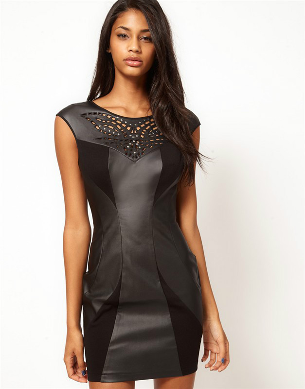 Fashion chest sexy black leather cutout noble kd7390 one-piece dress