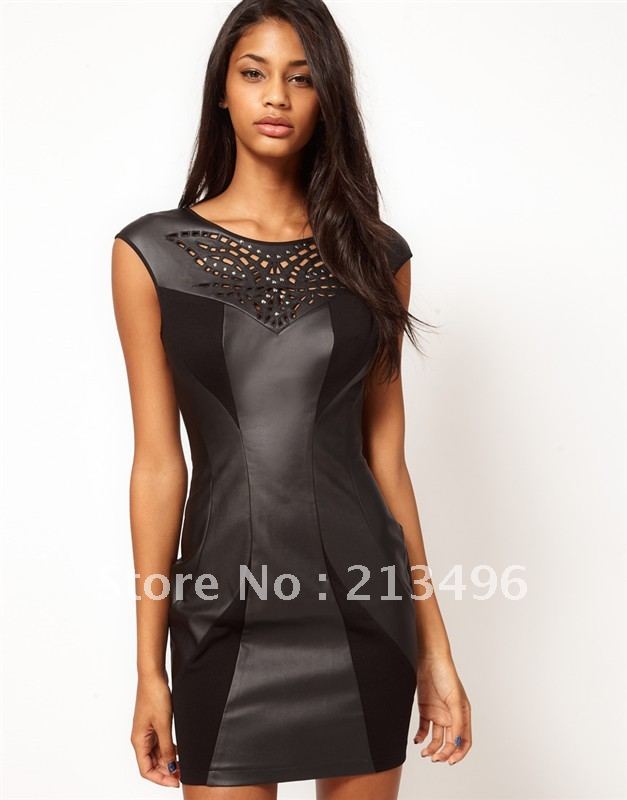 Fashion chest sexy cutout black leather noble one-piece dress