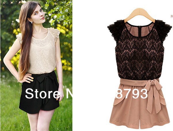 Fashion Chiffon 2013 Lace Ruffle Sleeve Round Collor Jumpsuits Overall Women Shorts S / M / XL / XL + Free Shipping