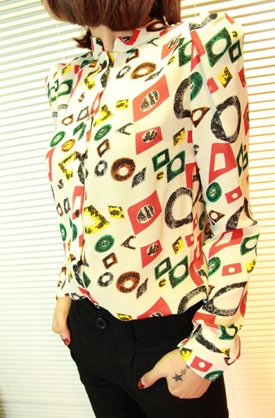 Fashion chiffon flower shirt slim all-match stand collar shoulder pads chiffon shirt c07