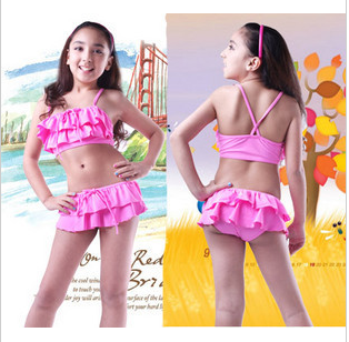 Fashion child swimwear bikini medium-large female child girl pleated skirt hot spring swimwear