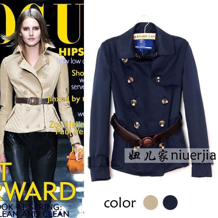 Fashion classic all-match hem-stitch decoration double breasted turn-down collar short design trench outerwear limited edition