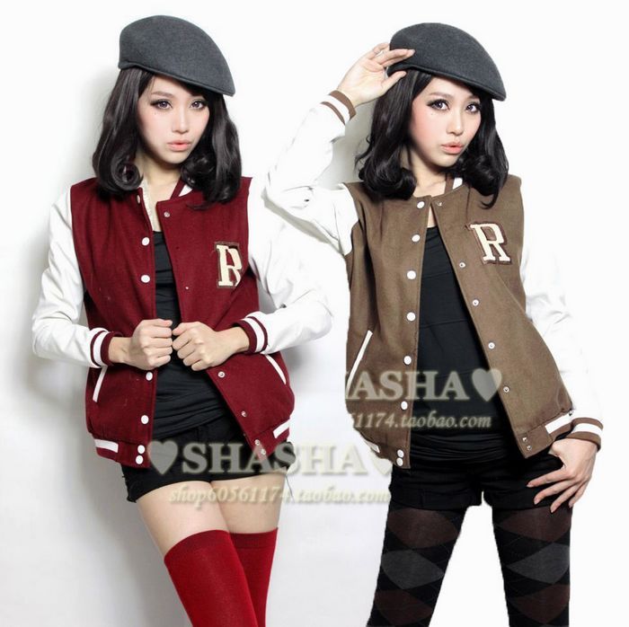Fashion classic leather casual patchwork applique decoration thickening woolen fabric baseball outerwear khaki Maroon