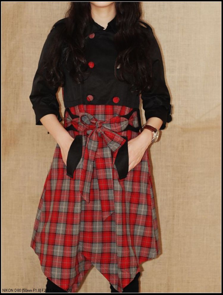 Fashion . classic plaid patchwork thickening trench one-piece dress