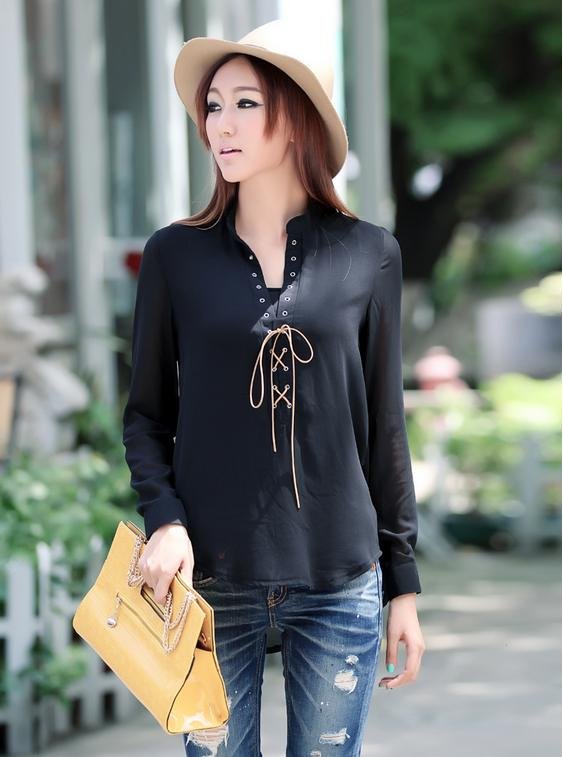 Fashion Clothes! Free shipping! 2012 fashion solid chiffon long sleeve front and back asymmetric lady shirt X16573527088