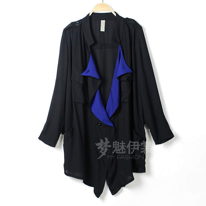 Fashion color block decoration chiffon irregular loose plus size clothing double breasted long trench thin design  Outerwear