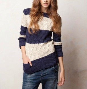 Fashion color block decoration color block stripe hook decorative pattern pocket sweater rhombus stripe pullover knitted sweater