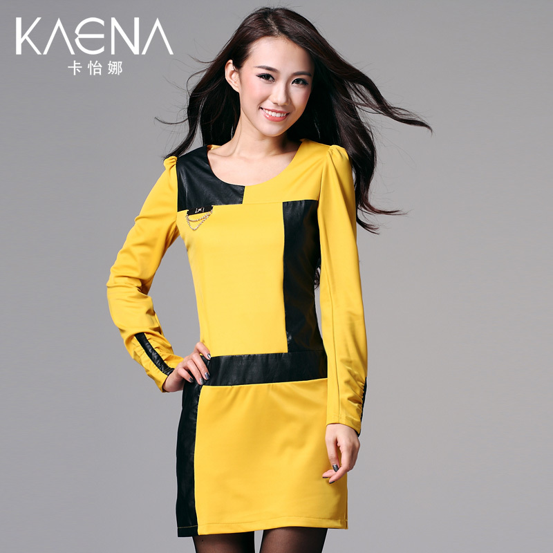 Fashion color block leather skirt ol slim one-piece long-sleeve designer dresses