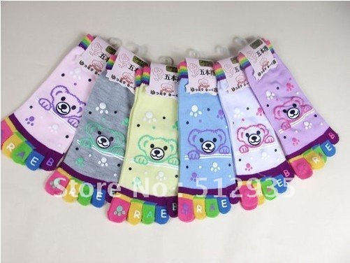 Fashion Colorful Lovers' Five Finger Toe Socks With Cartoon Bear,Lovely Woman Boat Stockings,12 Pair/Lot+Free shipping