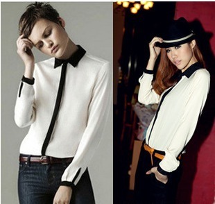 Fashion cool color block decoration black loose chiffon cotton shirt 4 6 full