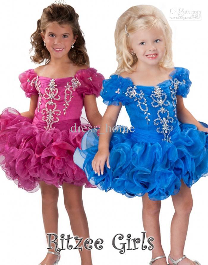 Fashion Cute Lovely Style Pageant Gowns A Line Short Sleeve Mini Organza Beaded Flower Girl Dress