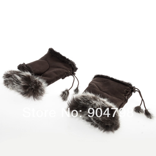 Fashion Cute & Warm Rabbit Fur & Imitation leather fingerless gloves free shipping