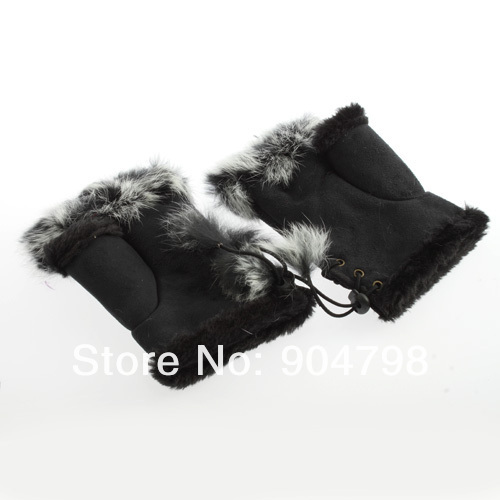 Fashion Cute & Warm Rabbit Fur & Imitation leather fingerless gloves free shipping