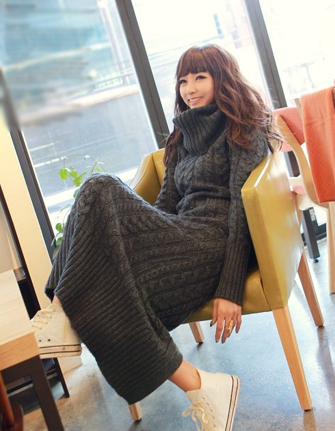 Fashion Dark Grey Knit Sweater Full Dress Heap Collar Twist Long sweater Dress