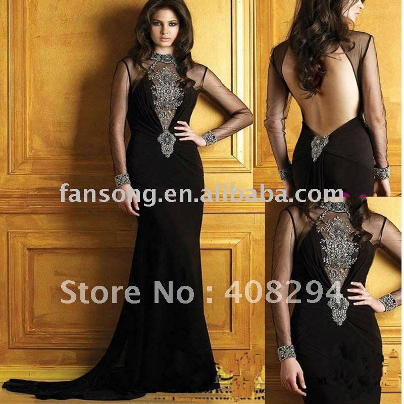 Fashion design long sleeve black tull sheath open back evening dress