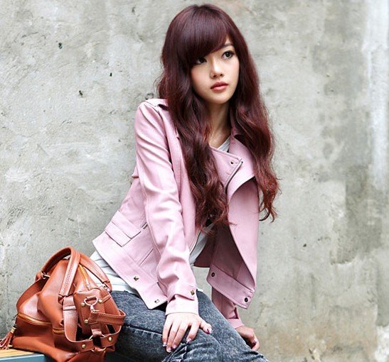 Fashion Design Womens Jacket Faux Leather Jacket Rivet Turn-down Collar Short Coat Outerwear--pink 3001