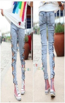 Fashion Detailed Women Side Bow Cutout Ripped Denim Sexy Jeans Jeggings Trousers Wholesale Free Shipping MM12030303 MM12030303